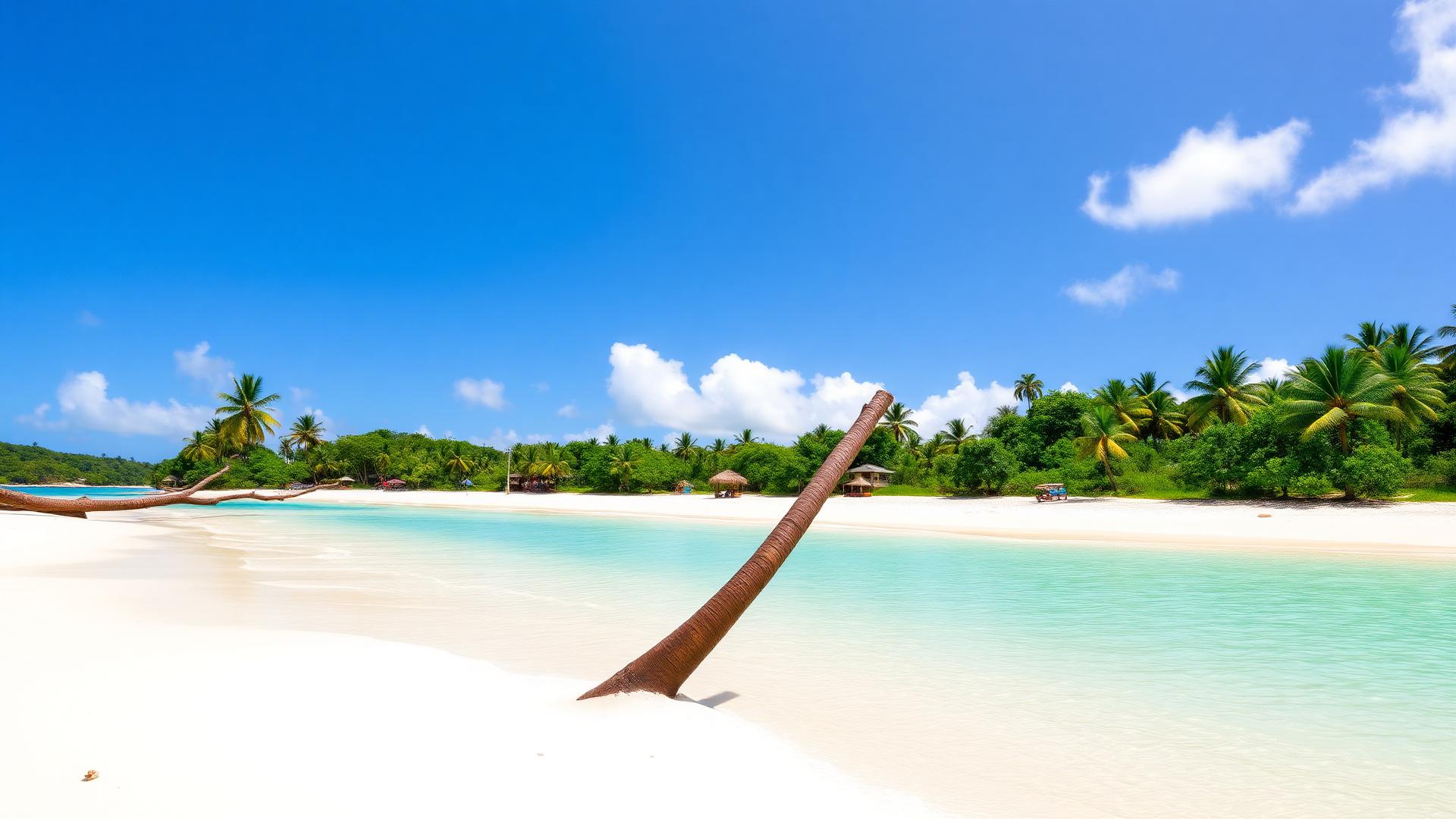 A quiet Tobago beach with turquoise water and palm trees
